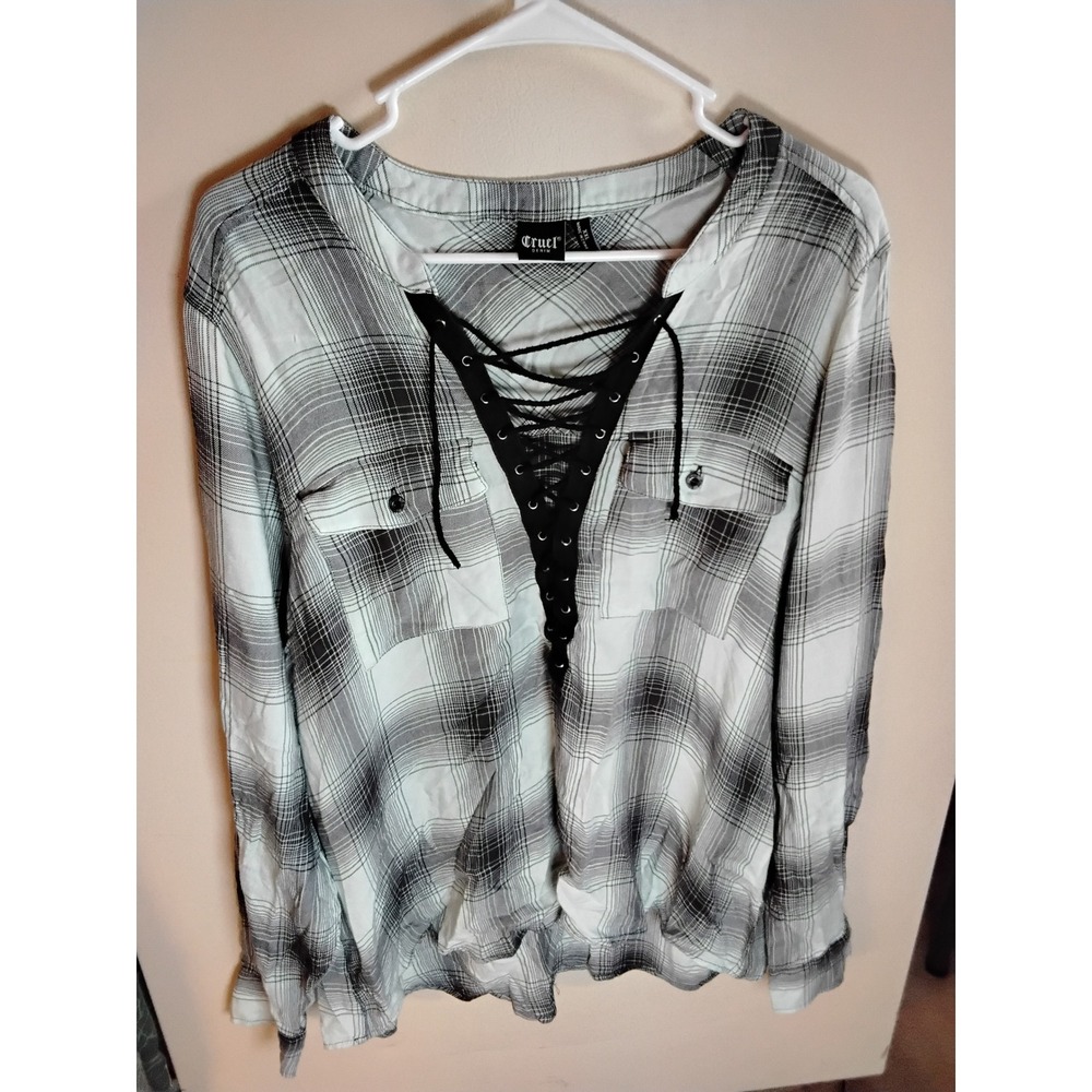 Cruel Denim Womens XXL Plaid Lace Up Grommet Neck Long Sleeve Blouse Black White